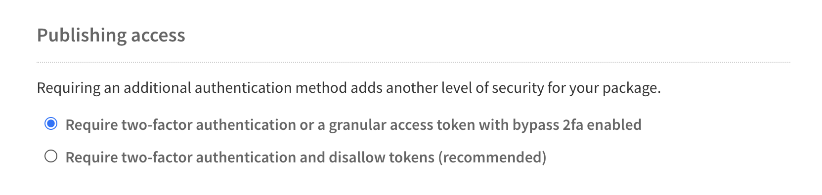 Screenshot showing the require two-factor option for a package