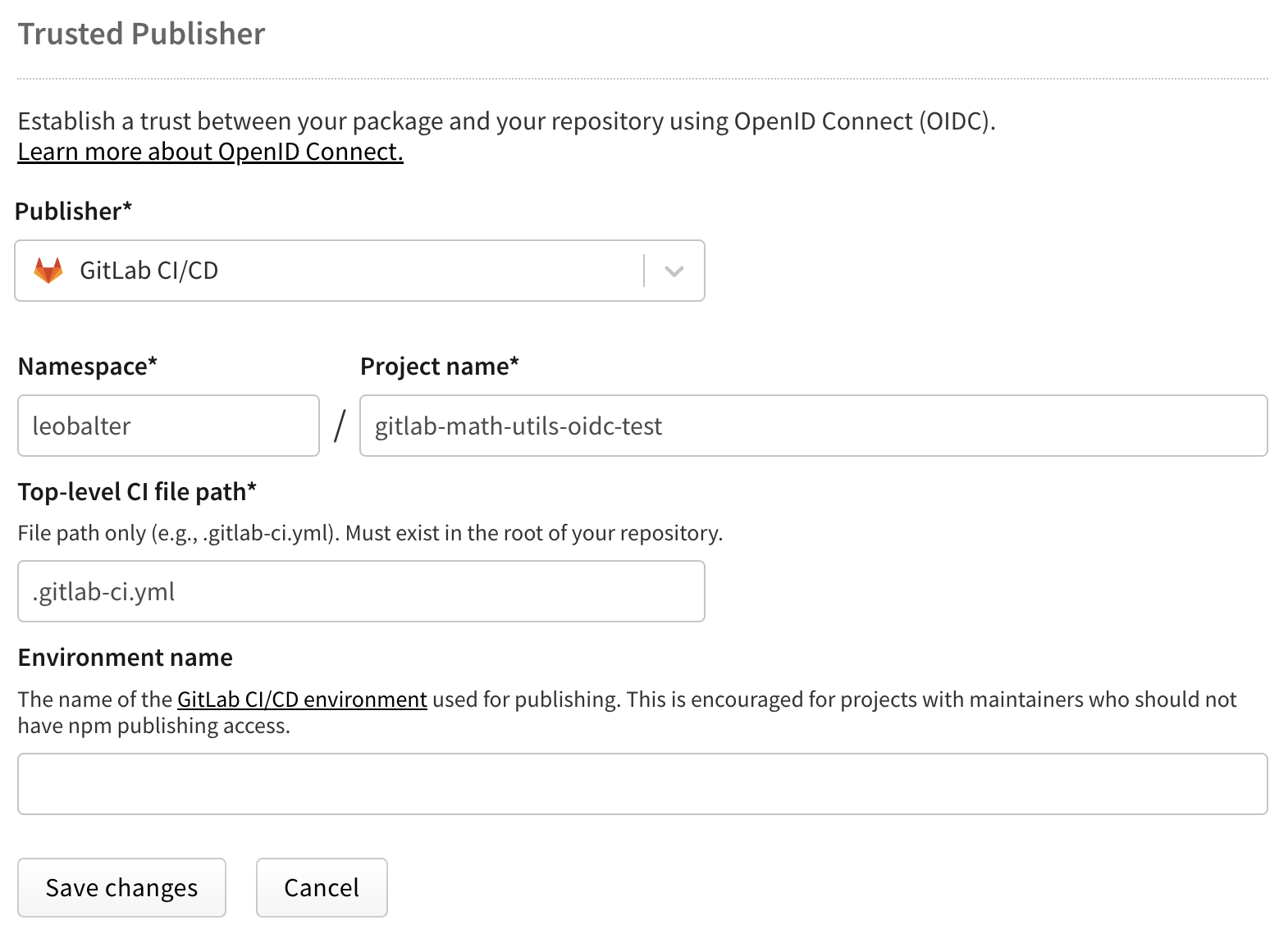 Screenshot of GitLab CI/CD trusted publisher configuration form